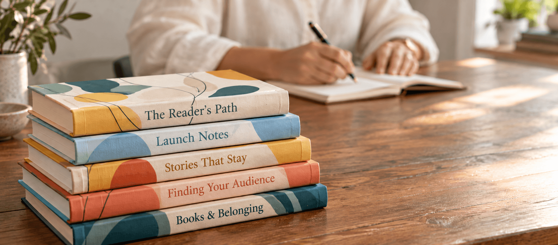 An author writing beside a stack of books about readers, launches, stories, and belonging