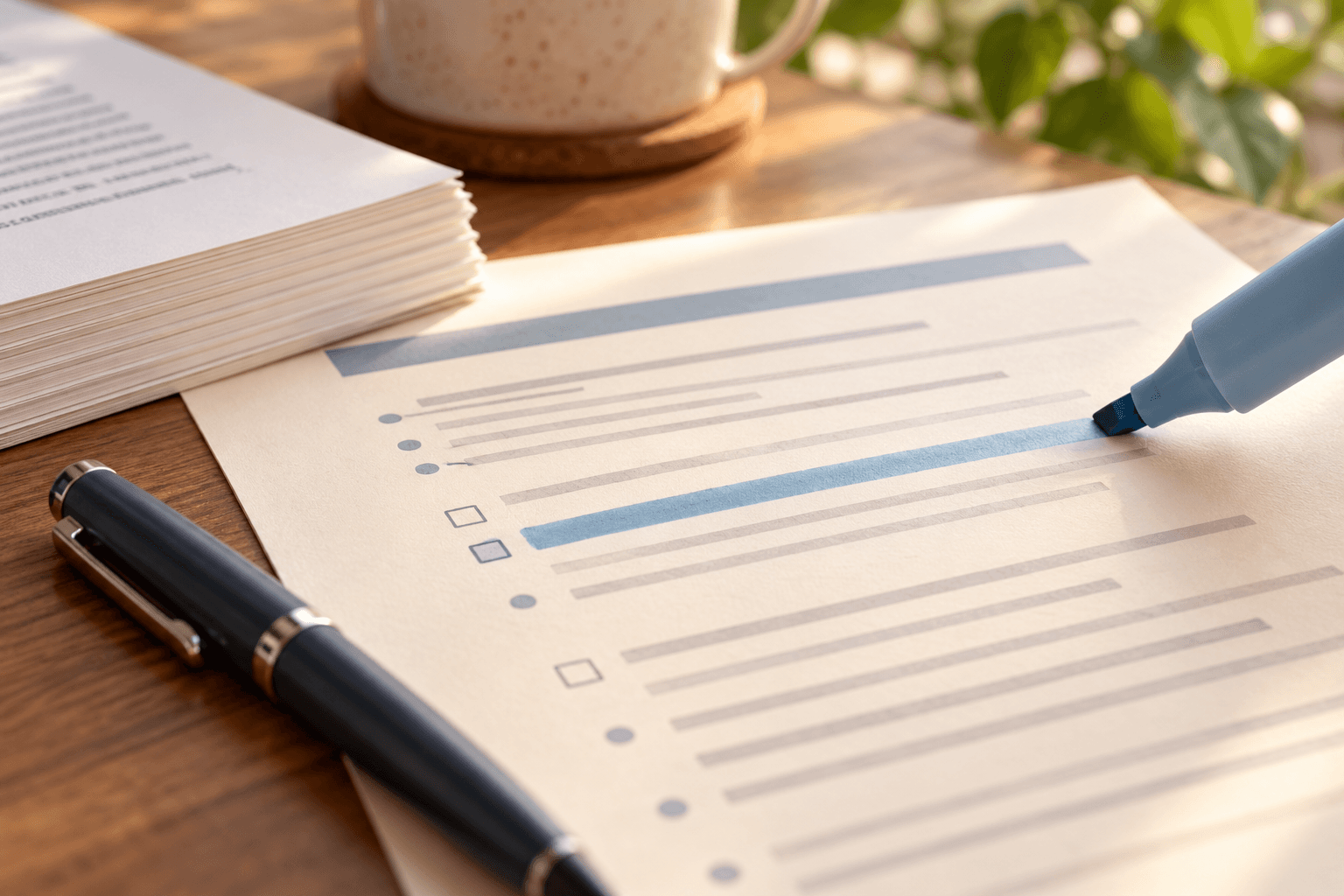 A book details brief being highlighted beside a manuscript