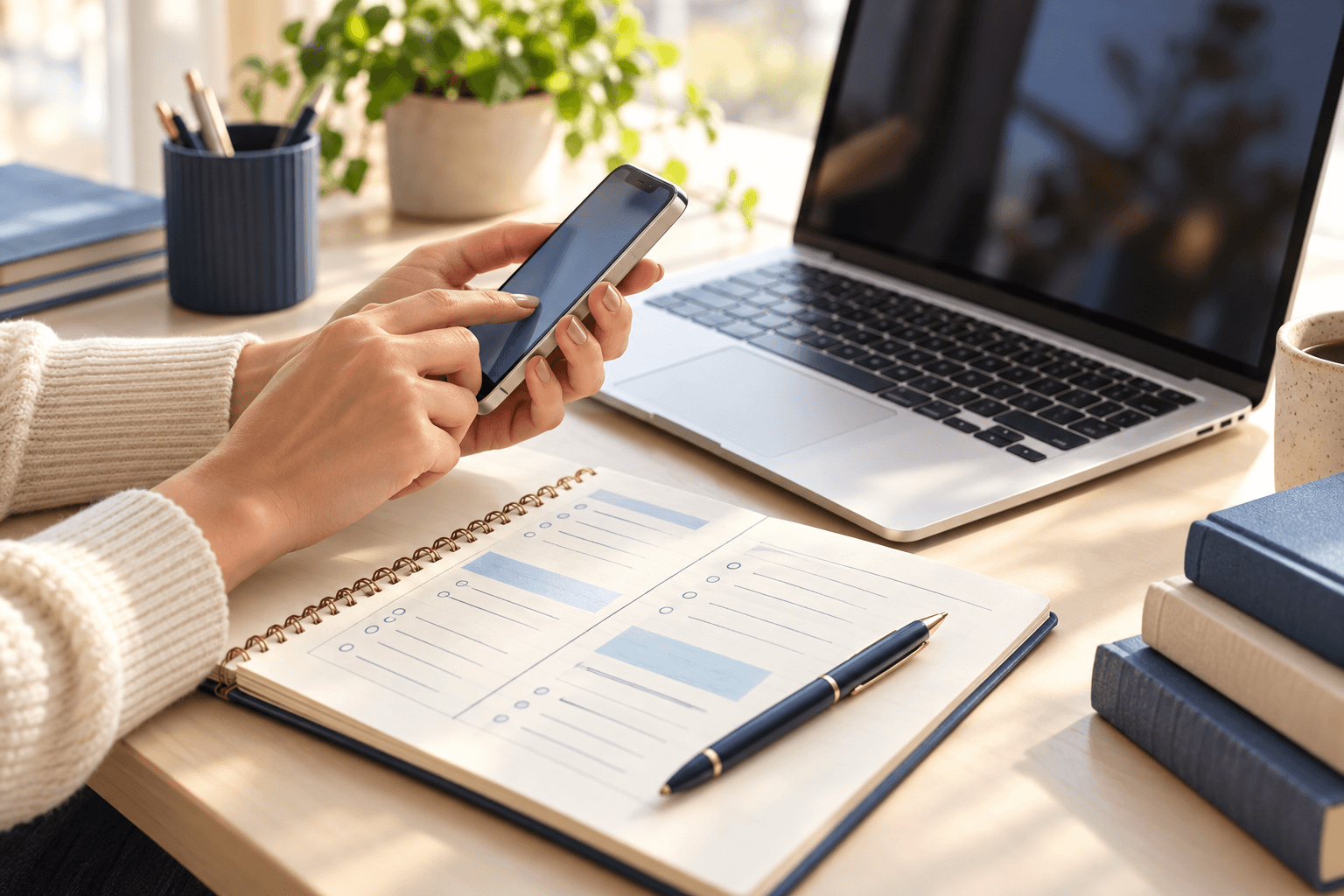 A personalized book strategy being planned with a phone and laptop